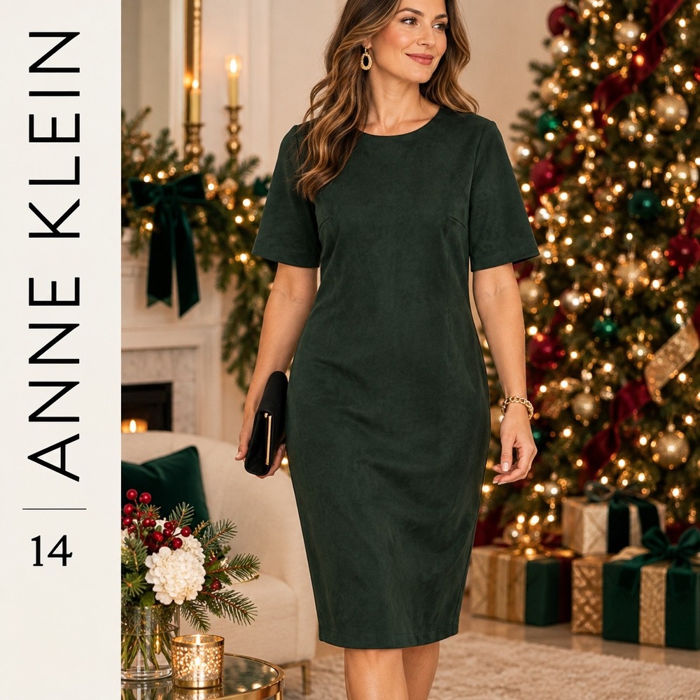 Anne Klein Faux Suede Sheath Dress Women 14 Green Short Sleeve Holiday Cocktail